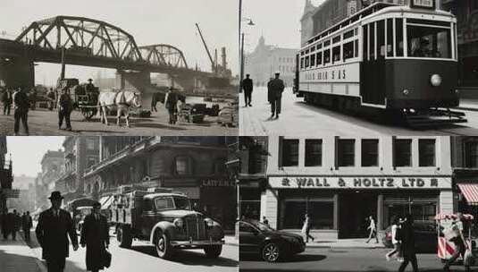 30年代上海街道黄包车商铺码头经济高清在线视频素材下载