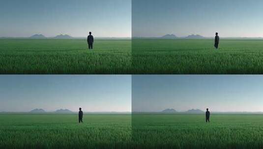辽阔稻田里男子眺望远方山脉高清在线视频素材下载