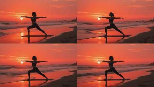 迎接新年海边瑜伽剪影健康生活视频高清在线视频素材下载