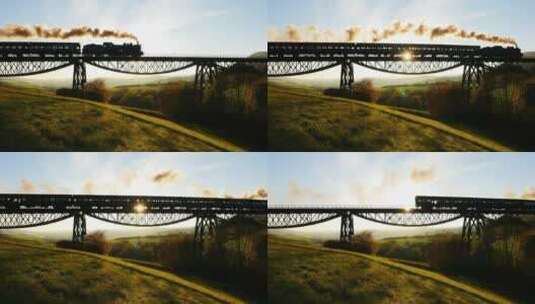 蒸汽火车行驶在高架桥上高清在线视频素材下载