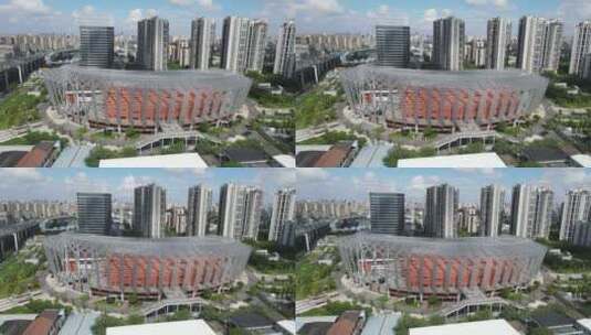 上海静安区汶水路全景车流体育馆建筑4K航拍高清在线视频素材下载