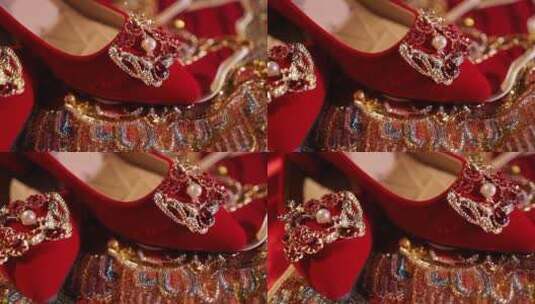 婚礼晨拍中式秀禾服上的婚鞋高清在线视频素材下载