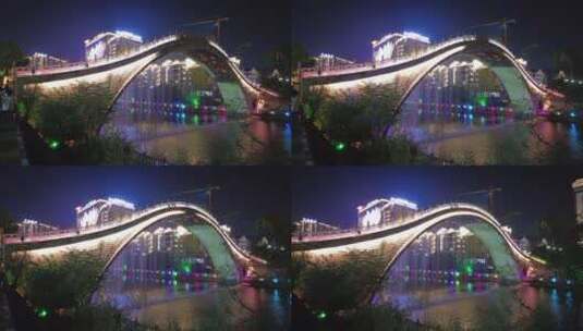郴州爱莲湖郴江河流石拱桥水幕灯光秀夜景高清在线视频素材下载
