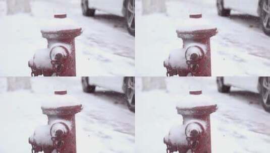 雪花飘在路边红色消防栓上高清在线视频素材下载