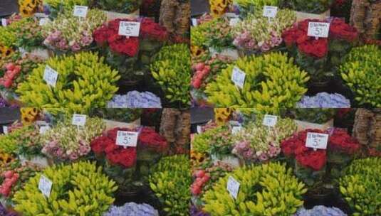 著名的花卉市场上展示新鲜的鲜花和价格标签高清在线视频素材下载
