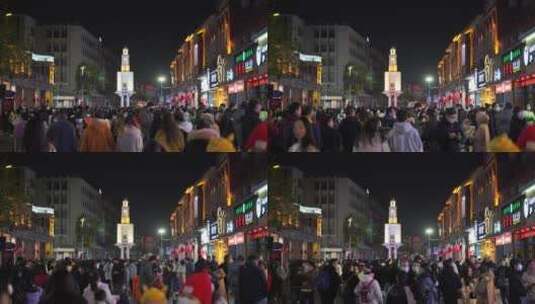 夜晚老街道美食街拥挤人群步行街商业街游客高清在线视频素材下载
