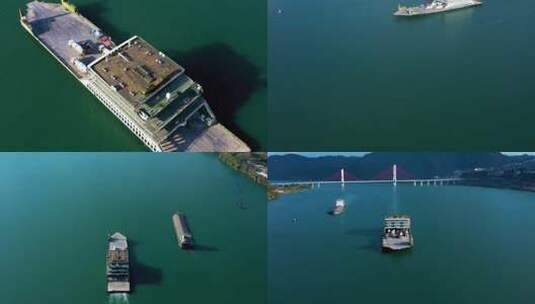 航拍长江中巨大渡船航行实拍视频素材高清在线视频素材下载