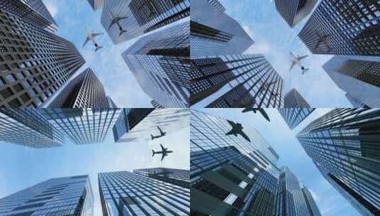 4k飞机飞过 金融商务大楼 飞机起飞高清在线视频素材下载