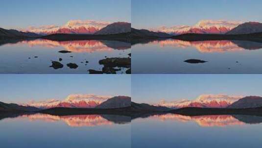 贡嘎雪山和湖泊日落日照金山航拍高清在线视频素材下载
