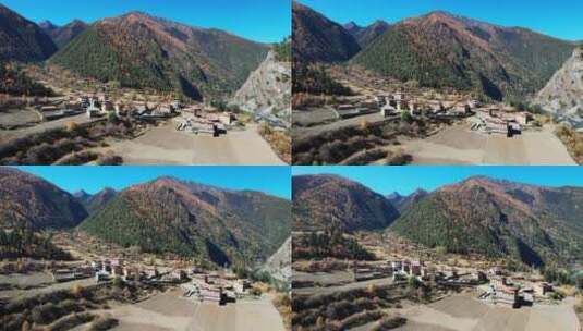 川西藏族村庄和秋天的山谷航拍高清在线视频素材下载