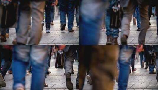 人们走在购物街人行道上低角度慢动作拍摄高清在线视频素材下载