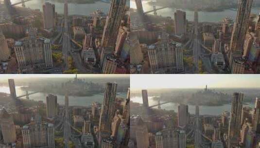 航拍纽约曼哈顿翠贝卡哈德逊河大桥摩天大楼高清在线视频素材下载