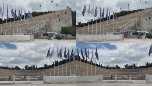 希腊雅典体育场观众看台及旗帜高清在线视频素材下载