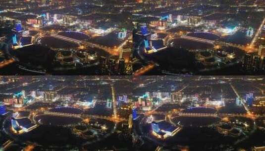 航拍延时扬州明月湖京华城商圈车流夜景高清在线视频素材下载