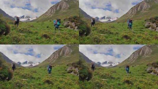 攀登格聂山区阿萨贡格雪山登山者徒步进山高清在线视频素材下载