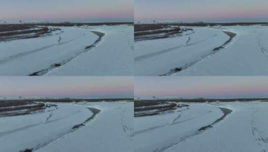 航拍大兴安岭冬季不冻河雪景高清在线视频素材下载