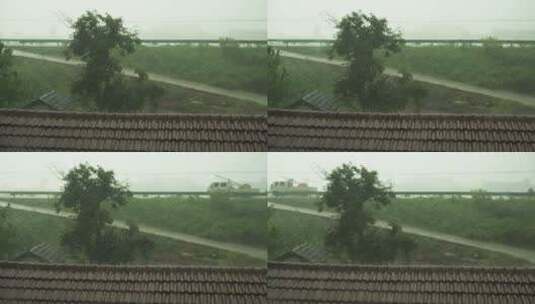 农村窗外台风倾盆大雨瓦片屋顶高清在线视频素材下载