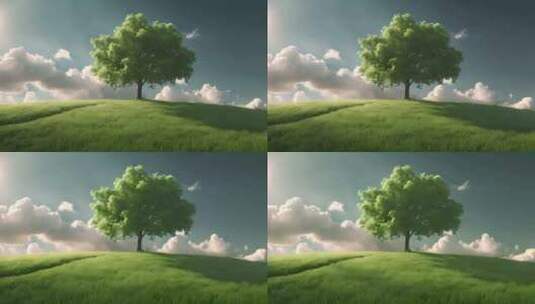 蓝天白云和草原上的一棵树高清在线视频素材下载