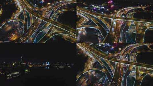 南京夜景航拍 玄武湖 立交桥高清在线视频素材下载