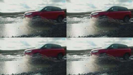 涉水的红色汽车高清在线视频素材下载