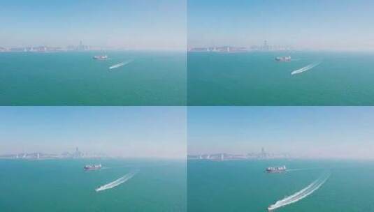 4k航拍山东青岛海面上的轮船高清在线视频素材下载