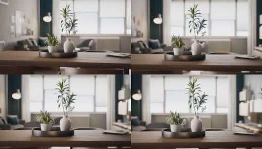 室内木桌上放有白色花盆植物高清在线视频素材下载