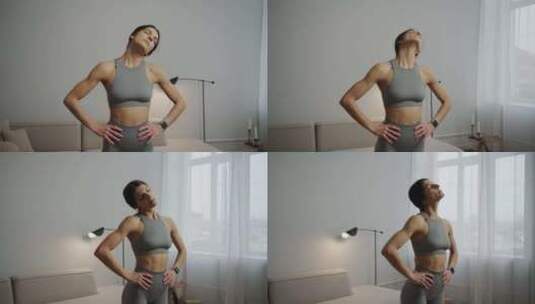 女运动员独自在家训练预防骨软骨症运动颈部高清在线视频素材下载