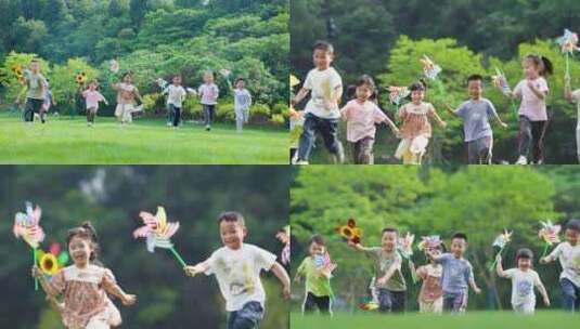 小孩草坪奔跑风车儿童节祖国未来城市宣传片高清在线视频素材下载