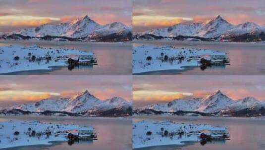 挪威罗弗敦群岛北极圈雷纳冬季雪景高空航拍高清在线视频素材下载