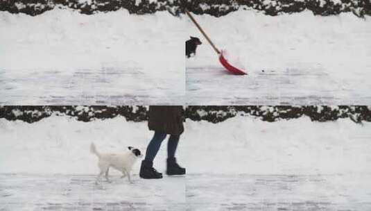 一个人从车道上除雪的特写镜头高清在线视频素材下载