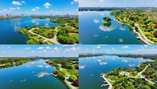 城市公园湖泊航拍全景高清在线视频素材下载