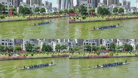 城市河道龙舟队伍划船场景高清在线视频素材下载