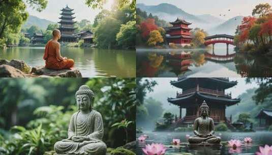 冥想中僧侣自然美景与宁静场景高清在线视频素材下载