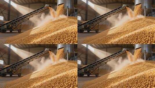 仓库内大豆通过传送带装卸高清在线视频素材下载