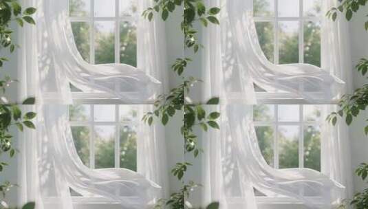 窗边飘动的白色窗帘和绿植高清在线视频素材下载