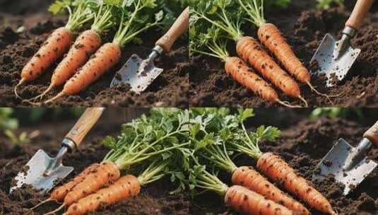 泥土上的新鲜胡萝卜与小铲子高清在线视频素材下载