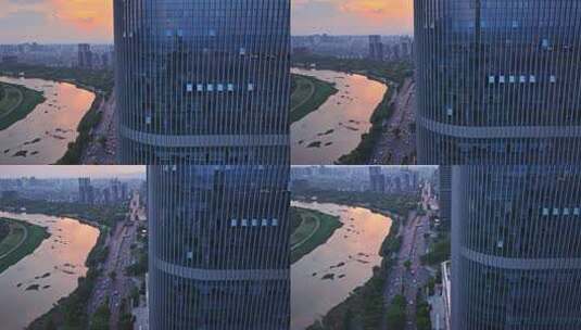 义乌CBD商务区办公写字楼航拍高清在线视频素材下载