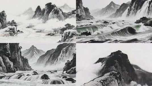 超宽屏水墨山水画卷高清在线视频素材下载