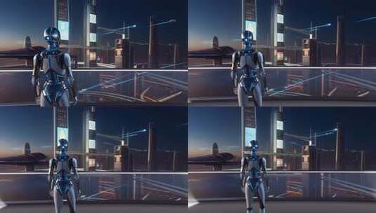 机器人眺望未来城市夜景高清在线视频素材下载