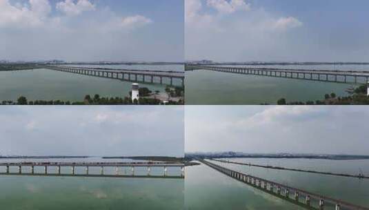 合集-阳澄湖海上列车高铁驶过航拍高清在线视频素材下载