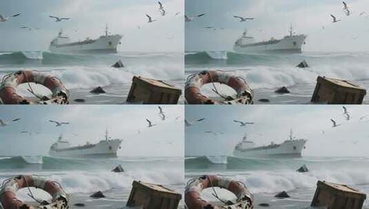海面上行驶的货船与飞翔海鸥高清在线视频素材下载