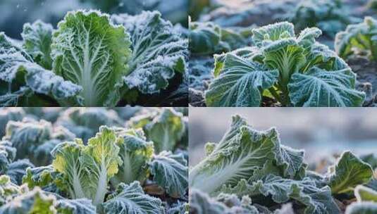 霜降霜雪覆盖的绿叶菜高清在线视频素材下载