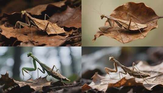 枯叶上的螳螂特写高清在线视频素材下载