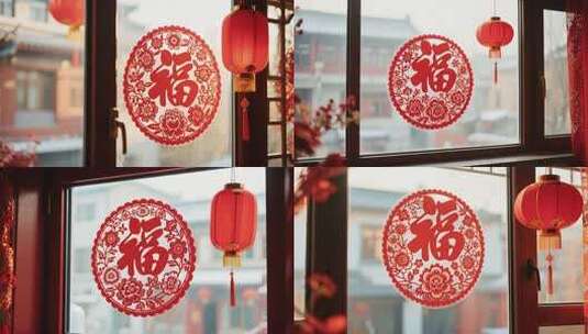 窗户上的新年福字与红灯笼高清在线视频素材下载