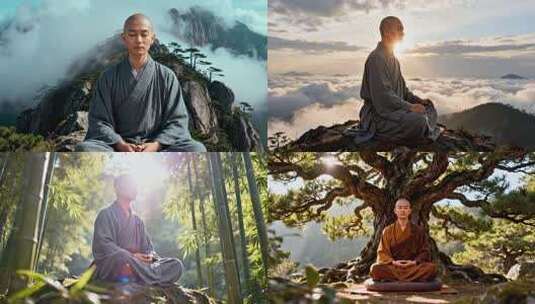 和尚僧人禅意修行山间打坐  禅 登高冥想高清在线视频素材下载