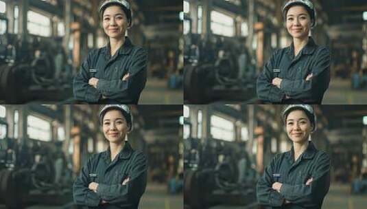 微笑女工自信站在工厂车间高清在线视频素材下载