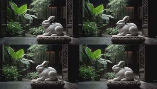 中式庭院玉兔雕塑静谧美好高清在线视频素材下载