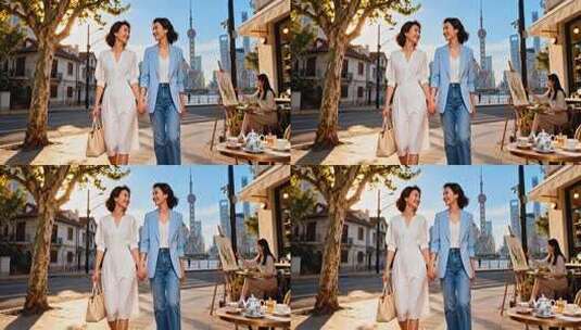 上海街头两位女性牵手漫步高清在线视频素材下载