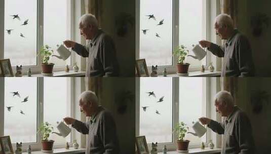 老人窗边浇花画面高清在线视频素材下载