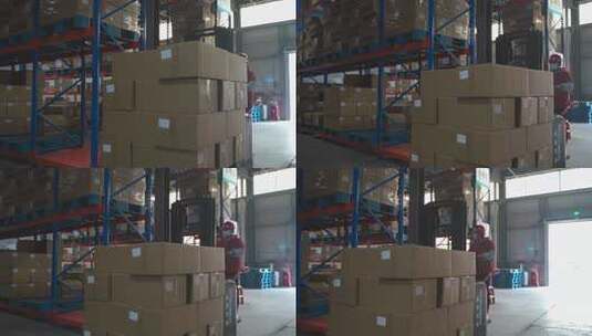 仓库工人操作叉车搬运货物高清在线视频素材下载